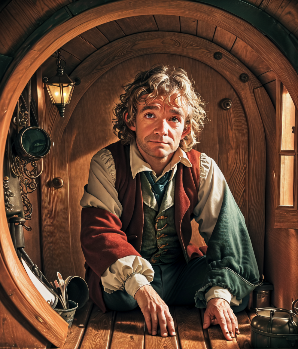 05407-621080976-a realistic detailed photograph of Bilbo Baggins inside a hobbit house, photorealistic, cinematic shading, [_highly detailed eye.png